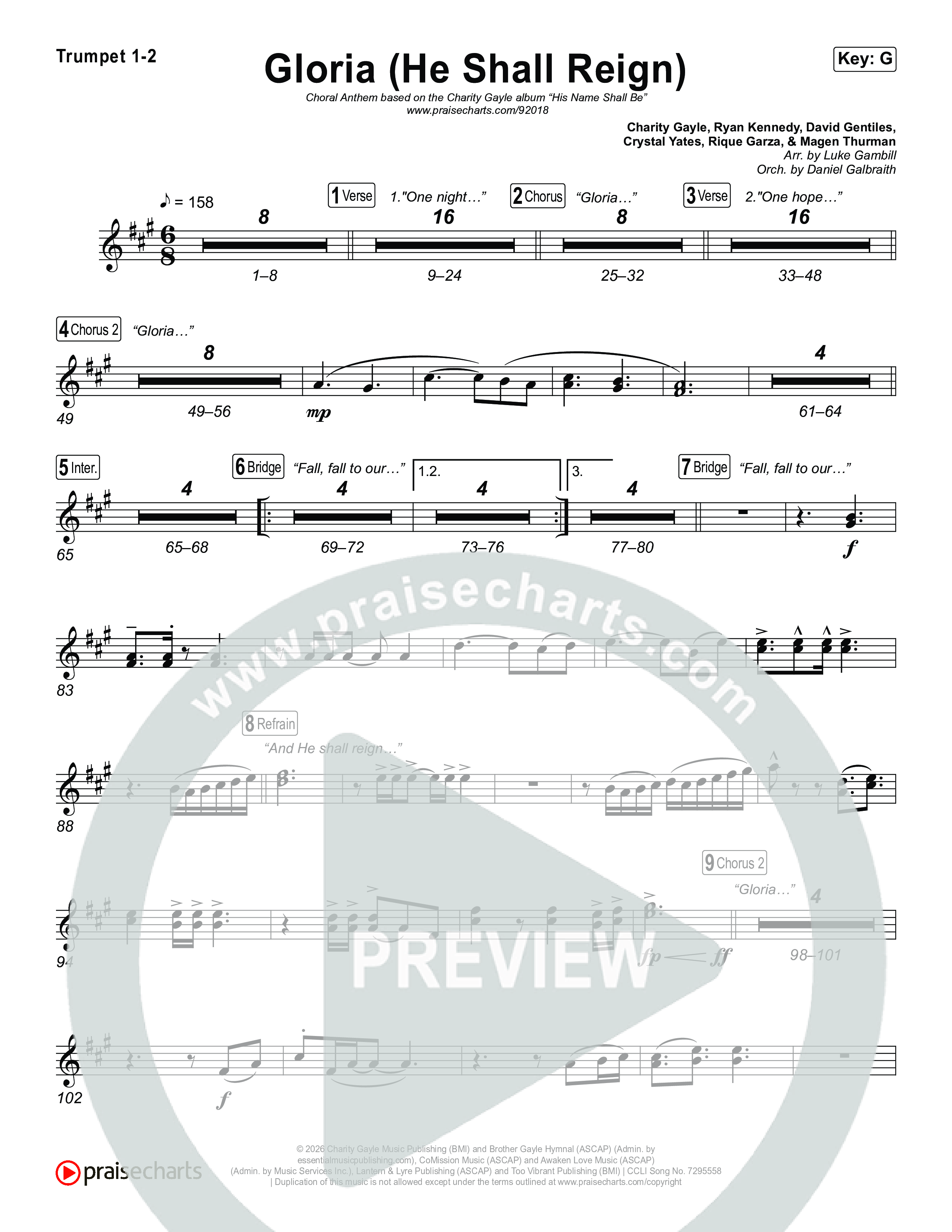 Gloria (He Shall Reign) (Choral Anthem SATB) Brass Pack (Charity Gayle / Arr. Luke Gambill)