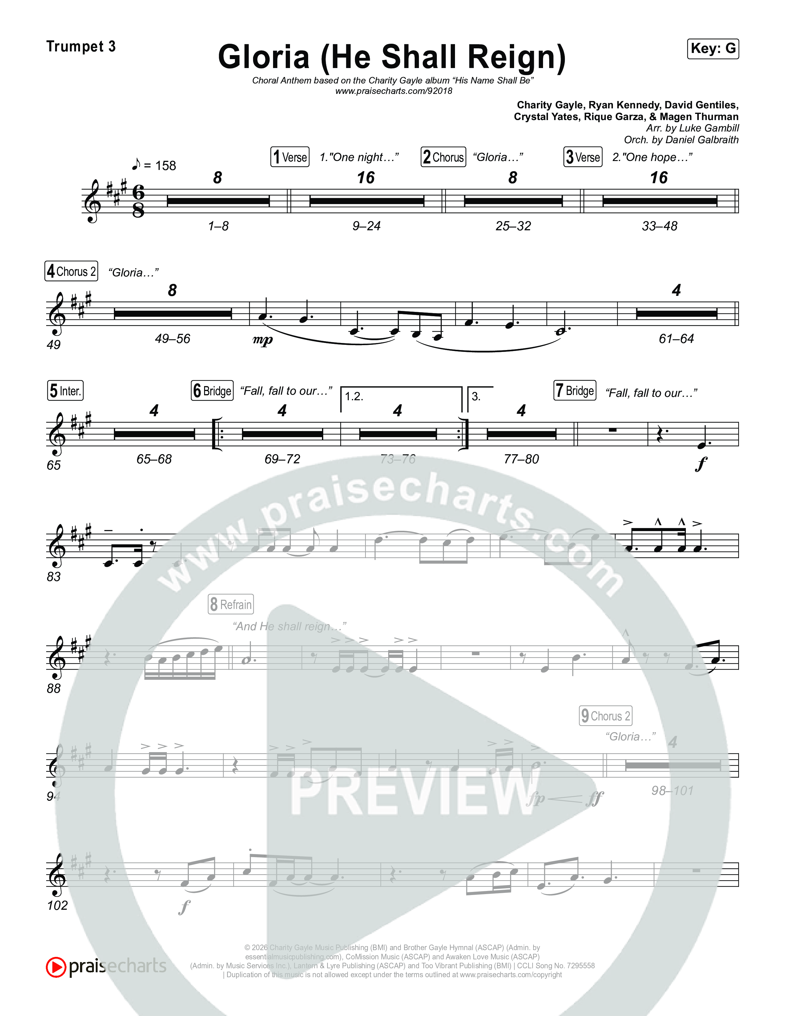 Gloria (He Shall Reign) (Choral Anthem SATB) Trumpet 1,2 (Charity Gayle / Arr. Luke Gambill)