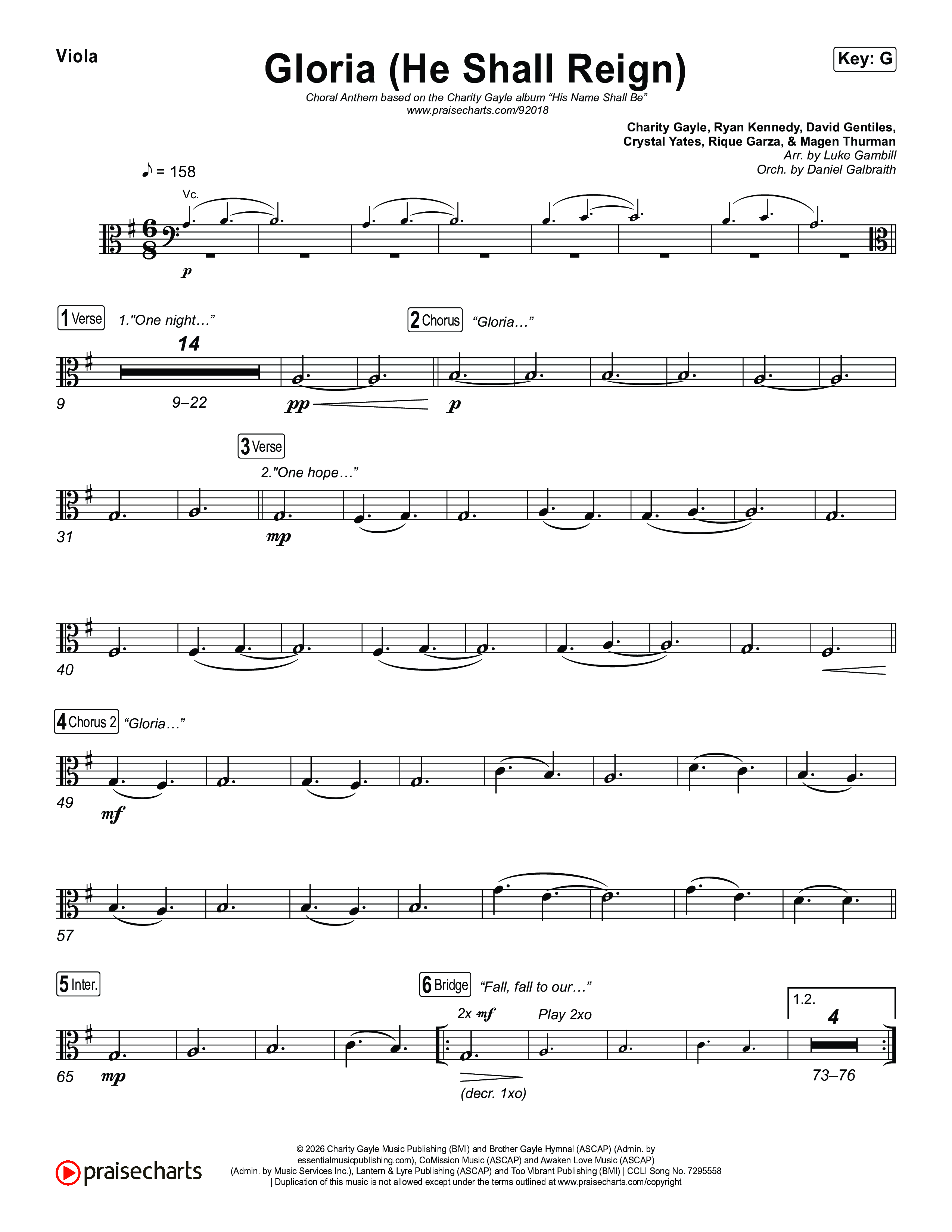 Gloria (He Shall Reign) (Choral Anthem SATB) Viola (Charity Gayle / Arr. Luke Gambill)