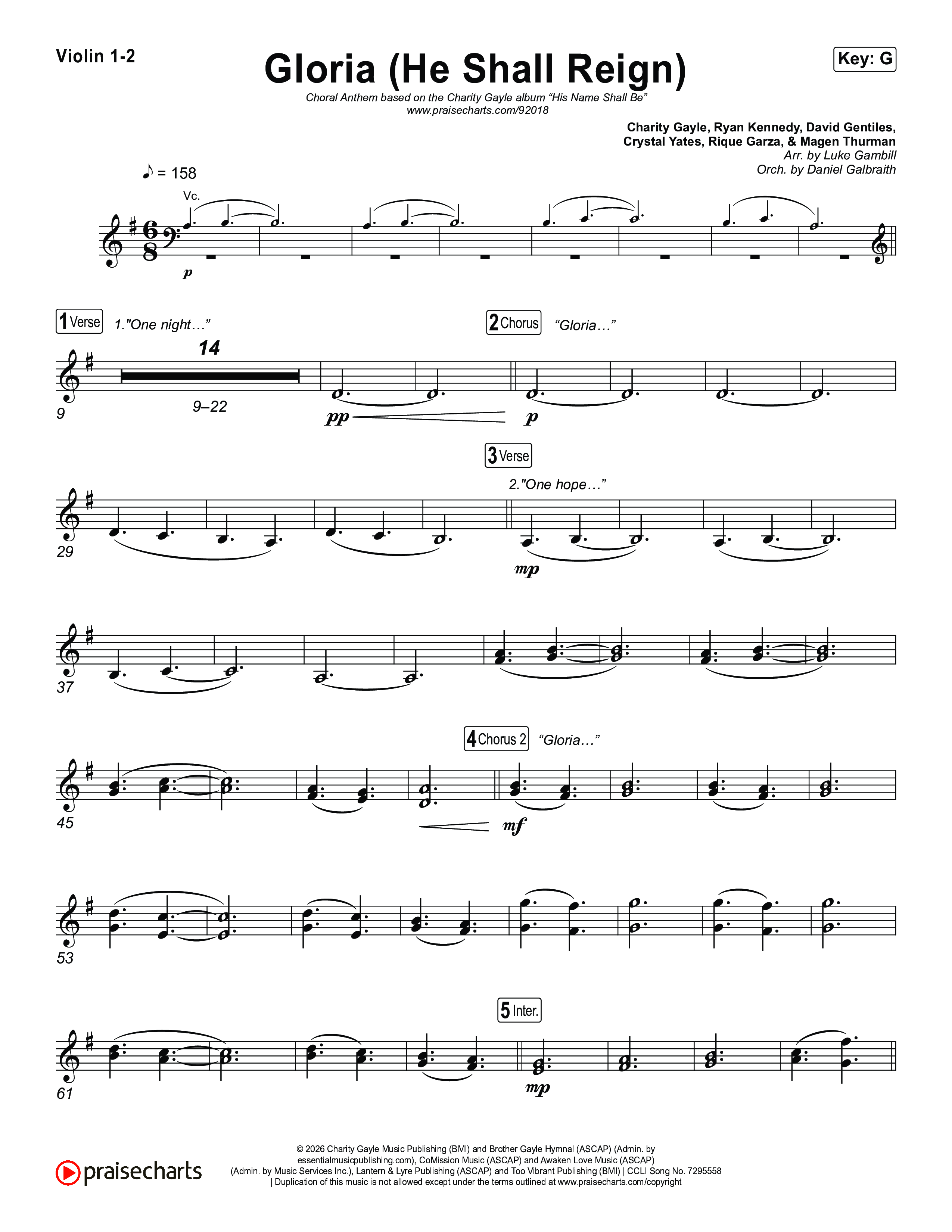 Gloria (He Shall Reign) (Choral Anthem SATB) Violin 1,2 (Charity Gayle / Arr. Luke Gambill)