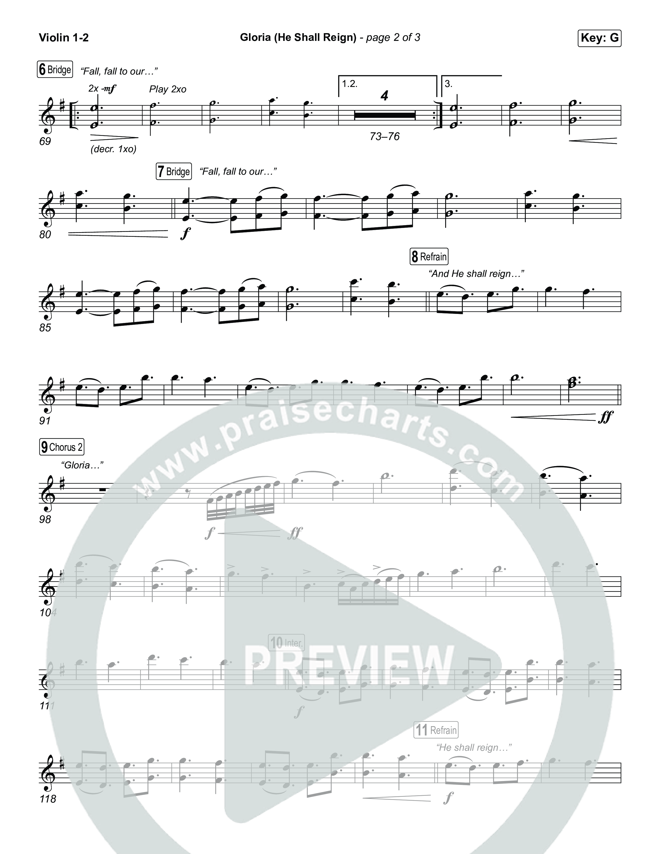 Gloria (He Shall Reign) (Choral Anthem SATB) Violin 1,2 (Charity Gayle / Arr. Luke Gambill)