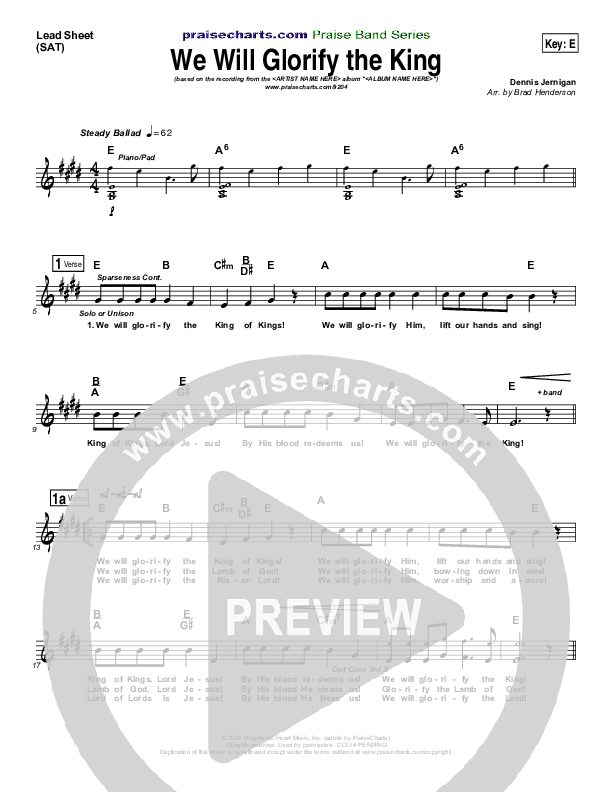 We Will Glorify the King Lead Sheet (Dennis Jernigan)