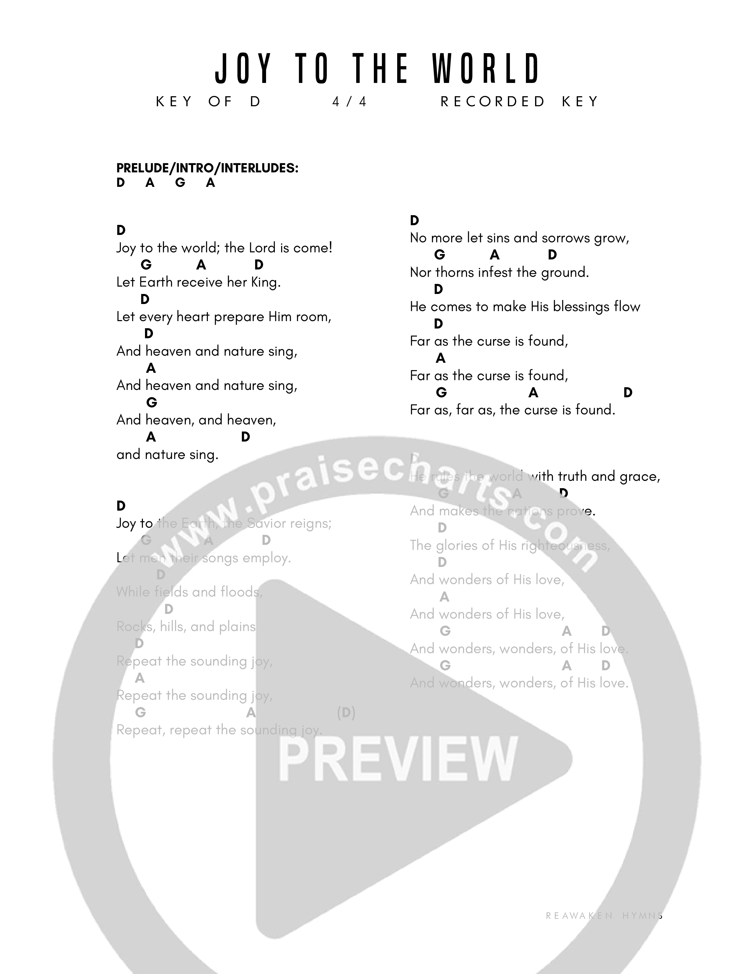 Joy To The World Chord Chart (Reawaken Hymns)