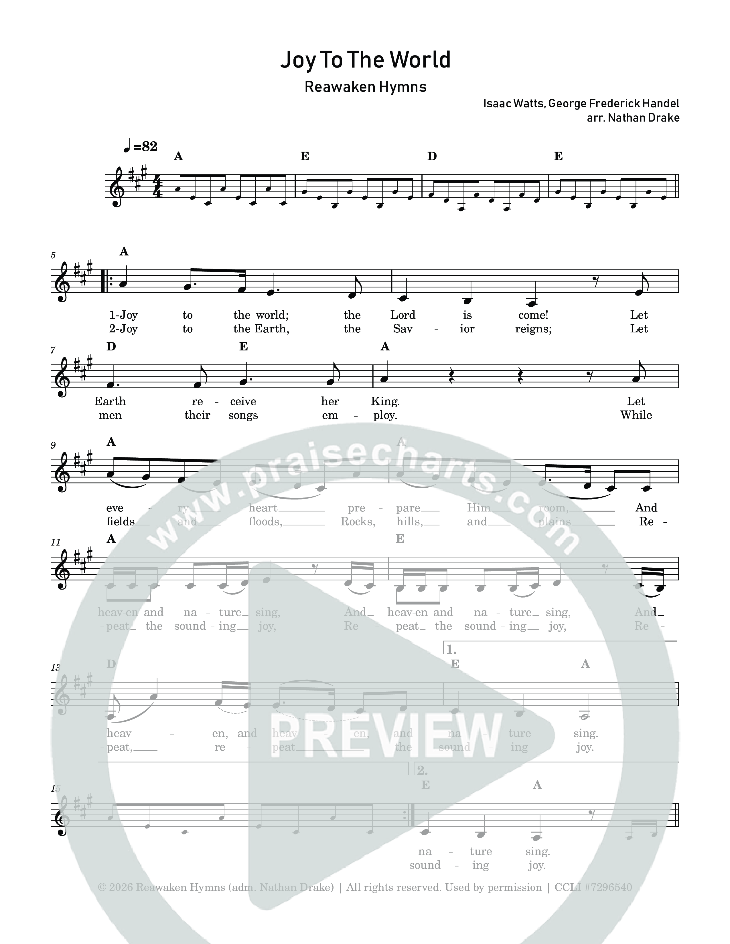 Joy To The World Lead Sheet Melody (Reawaken Hymns)