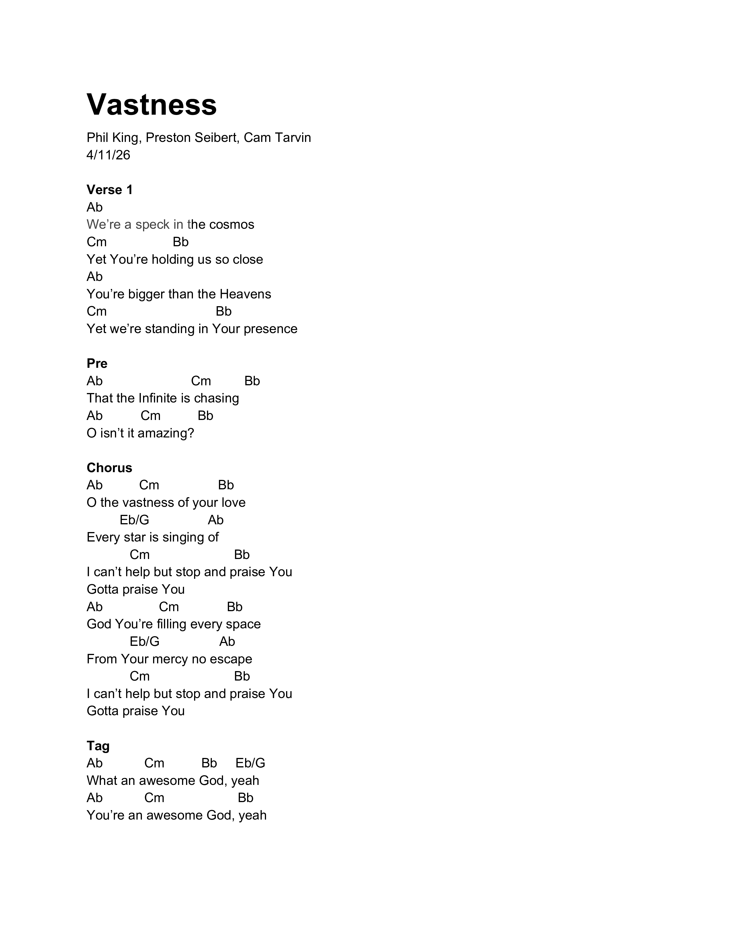 Vastness Chord Chart (Phil King / Michael W. Smith)