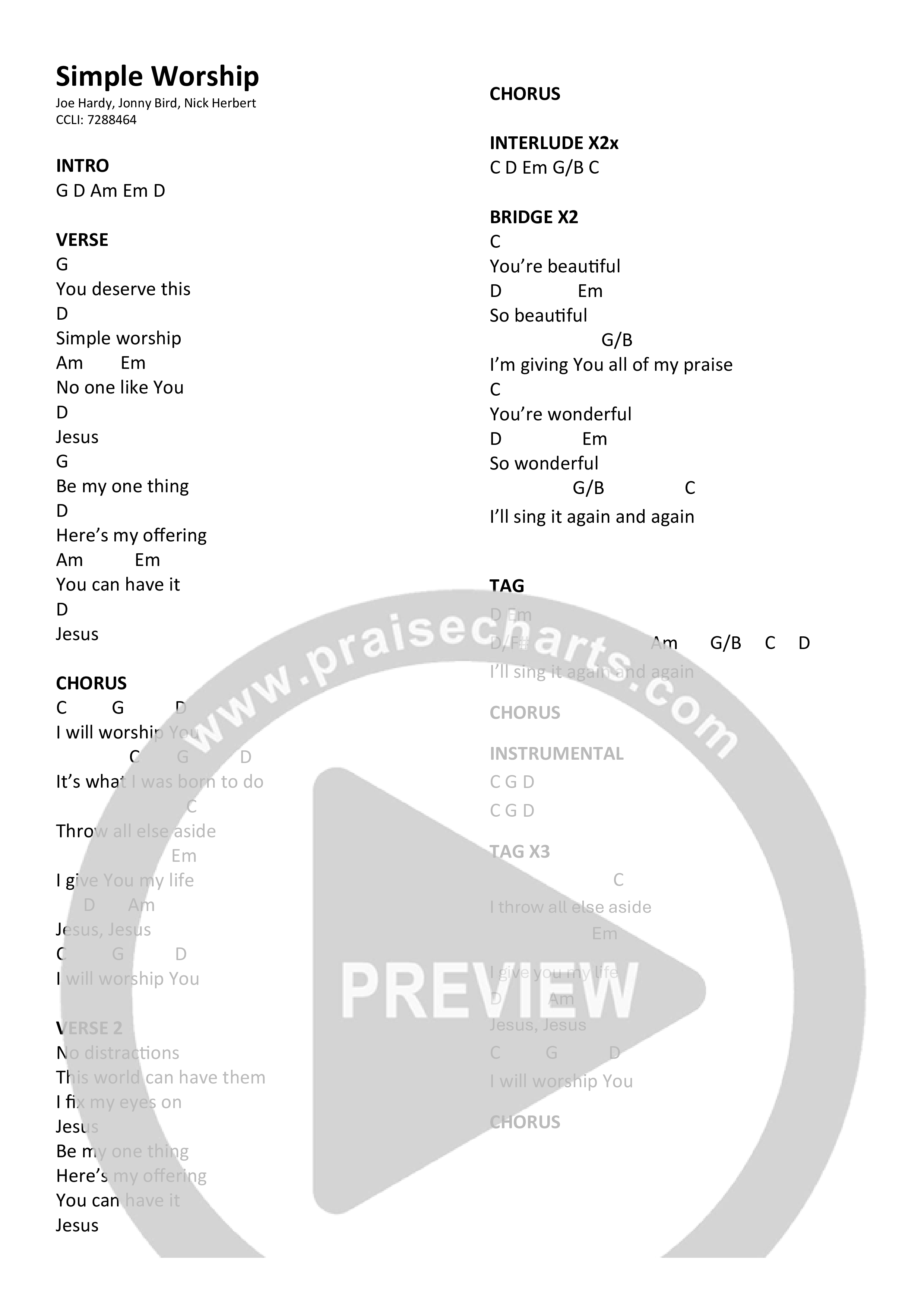 Simple Worship Chord Chart (New Wine Worship)