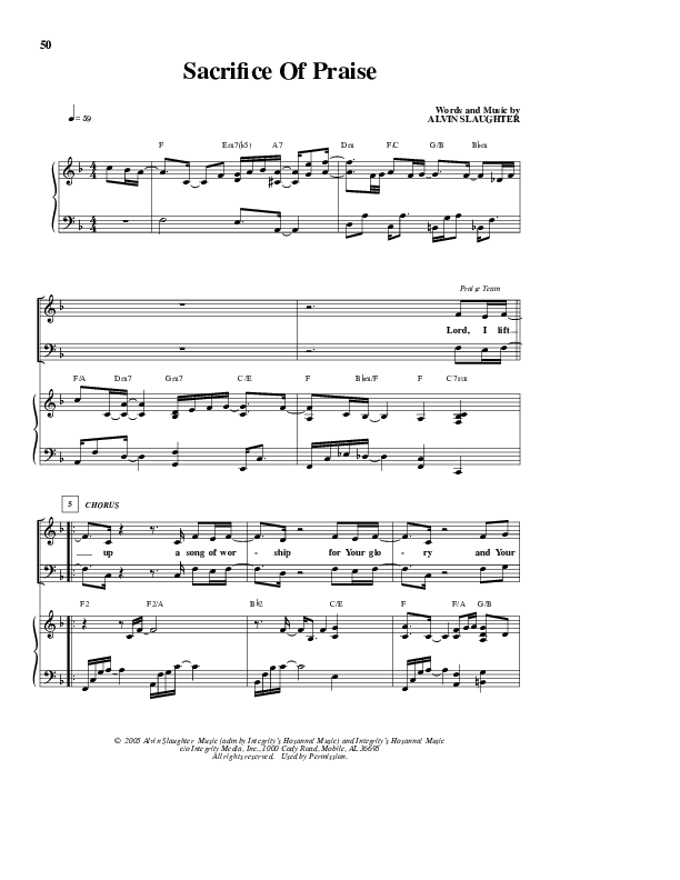 Sacrifice Of Praise Piano/Vocal (Alvin Slaughter)