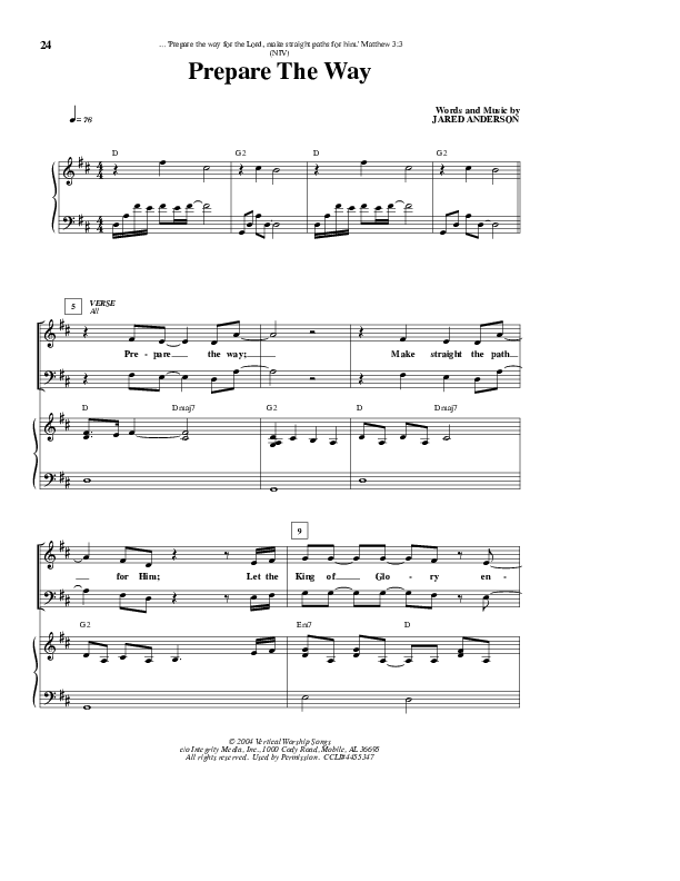 Prepare The Way Piano/Vocal (Jared Anderson)