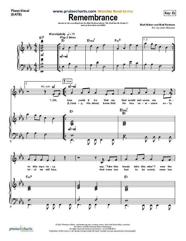Remembrance Piano/Vocal (SATB) (Matt Redman)