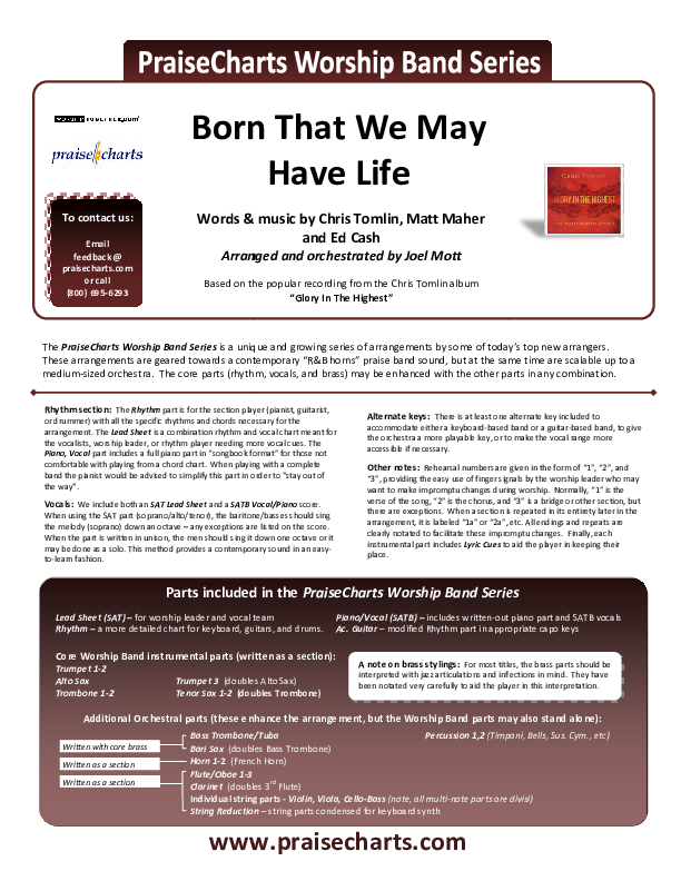 Born That We May Have Life Cover Sheet (Chris Tomlin)