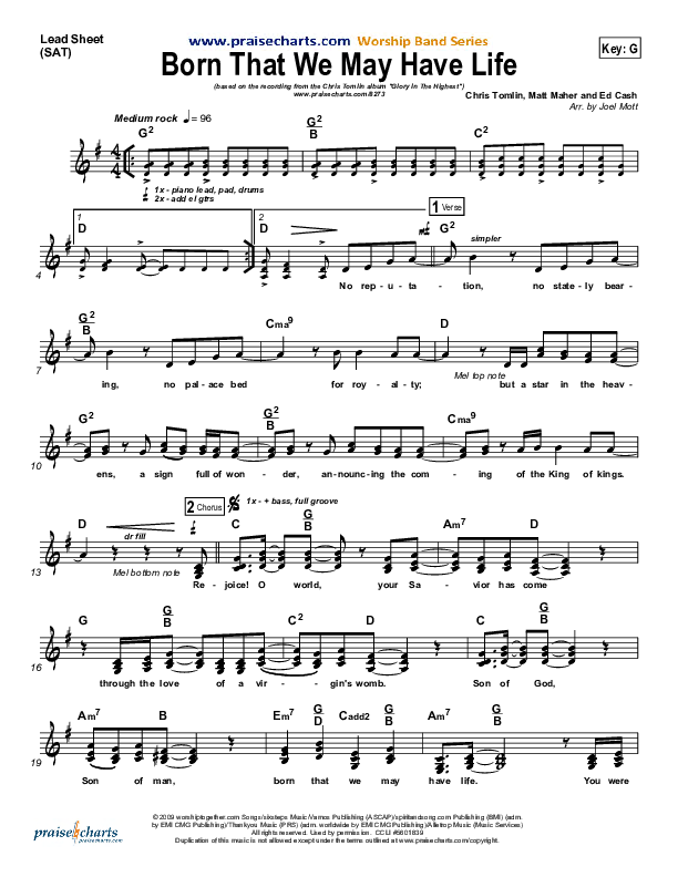Born That We May Have Life Lead Sheet (Chris Tomlin)