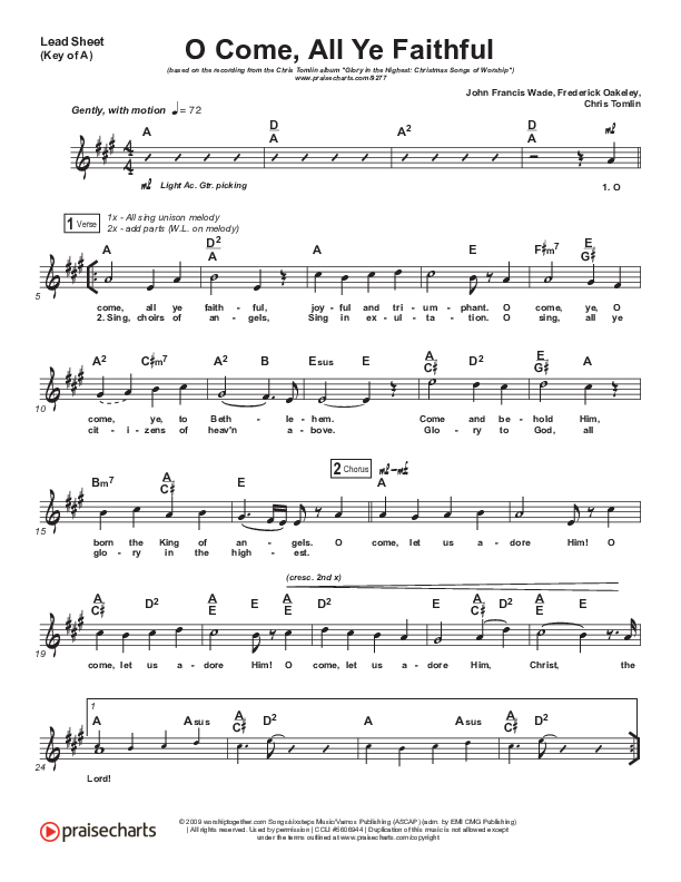 O Come All Ye Faithful Lead Sheet (Melody) (Chris Tomlin)