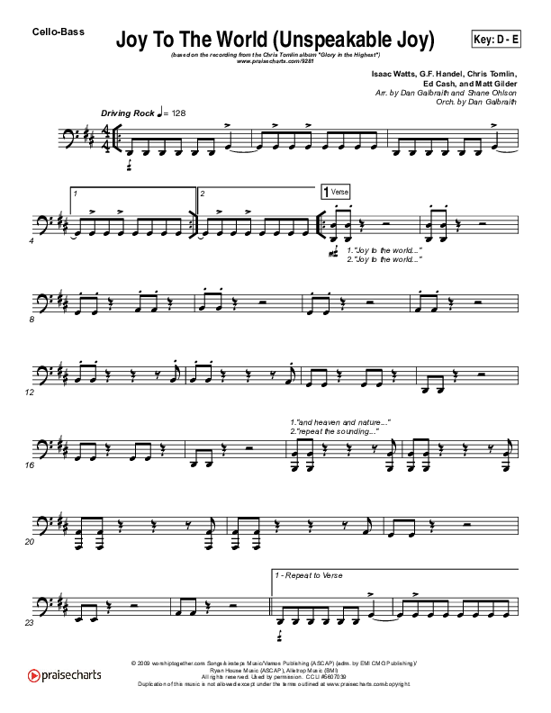 Joy To The World (Unspeakable Joy) Cello/Bass (Chris Tomlin)