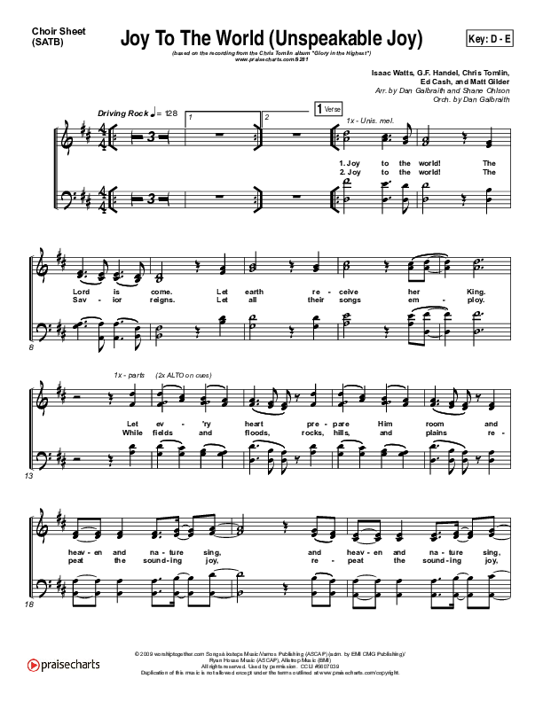 Joy To The World (Unspeakable Joy) Choir Sheet (SATB) (Chris Tomlin)