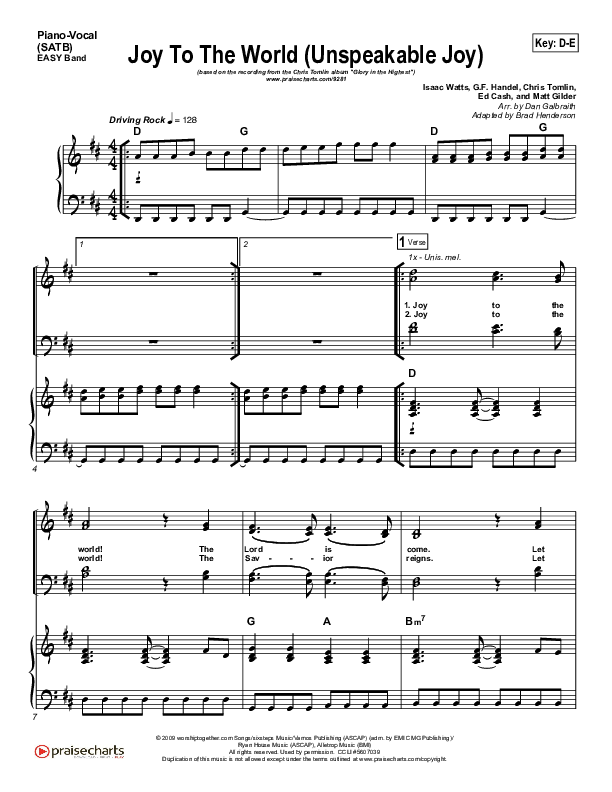 Joy To The World (Unspeakable Joy) Piano/Vocal (SATB) (Chris Tomlin)
