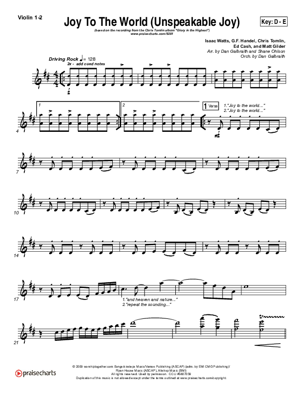 Joy To The World (Unspeakable Joy) Violin 1,2 (Chris Tomlin)