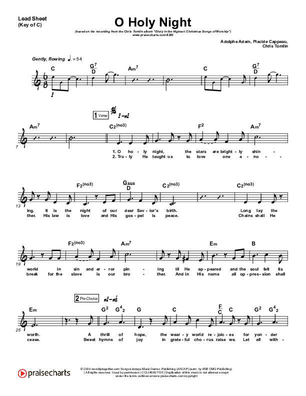 O Holy Night Lead Sheet (Melody) (Chris Tomlin)
