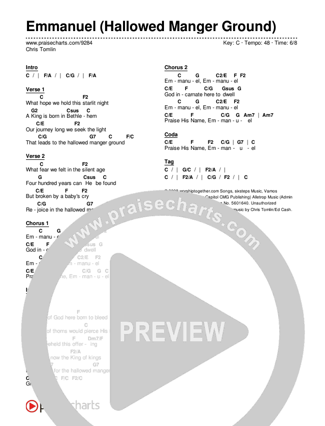 Emmanuel (Hallowed Manger Ground) Chords & Lyrics (Chris Tomlin)