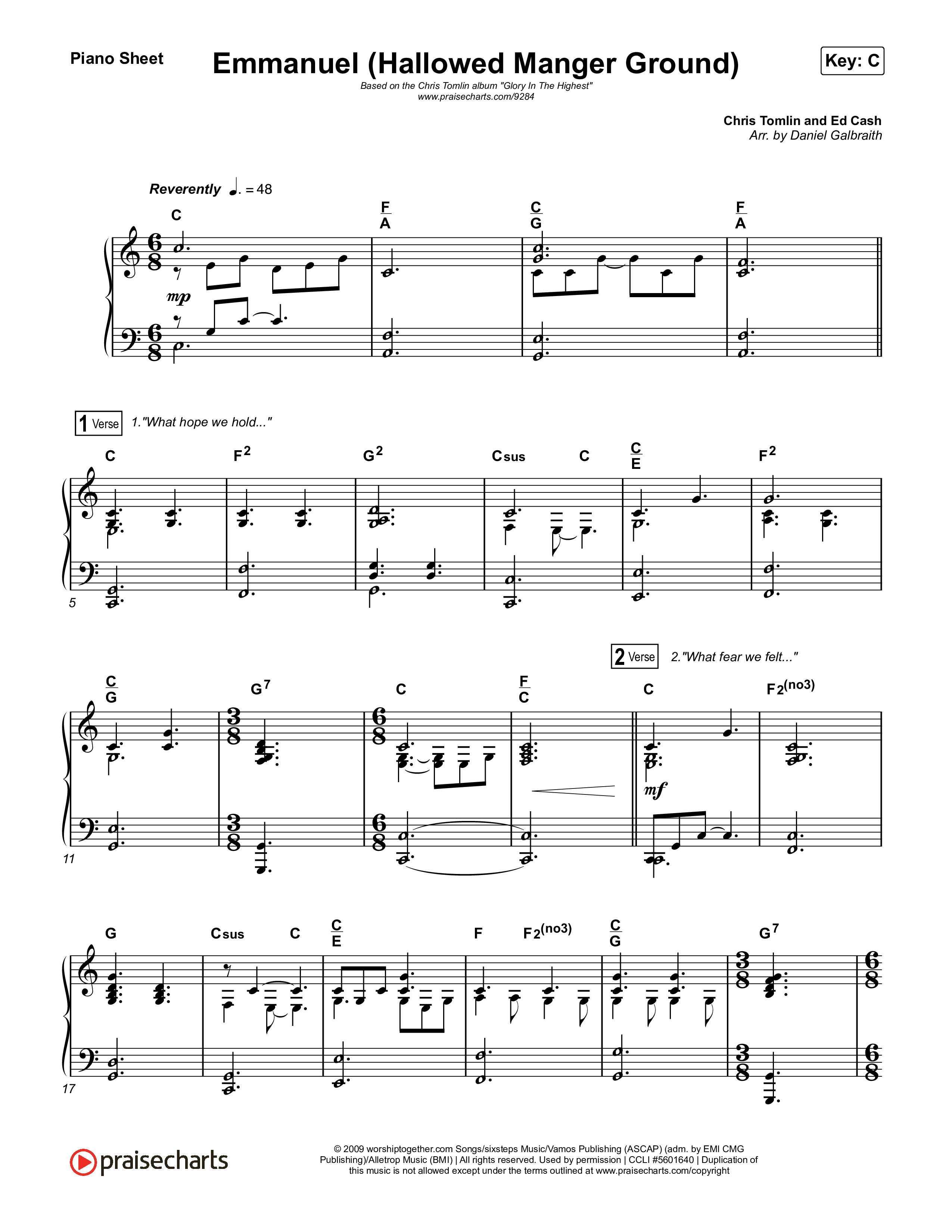 Emmanuel (Hallowed Manger Ground) Piano Sheet (Chris Tomlin)