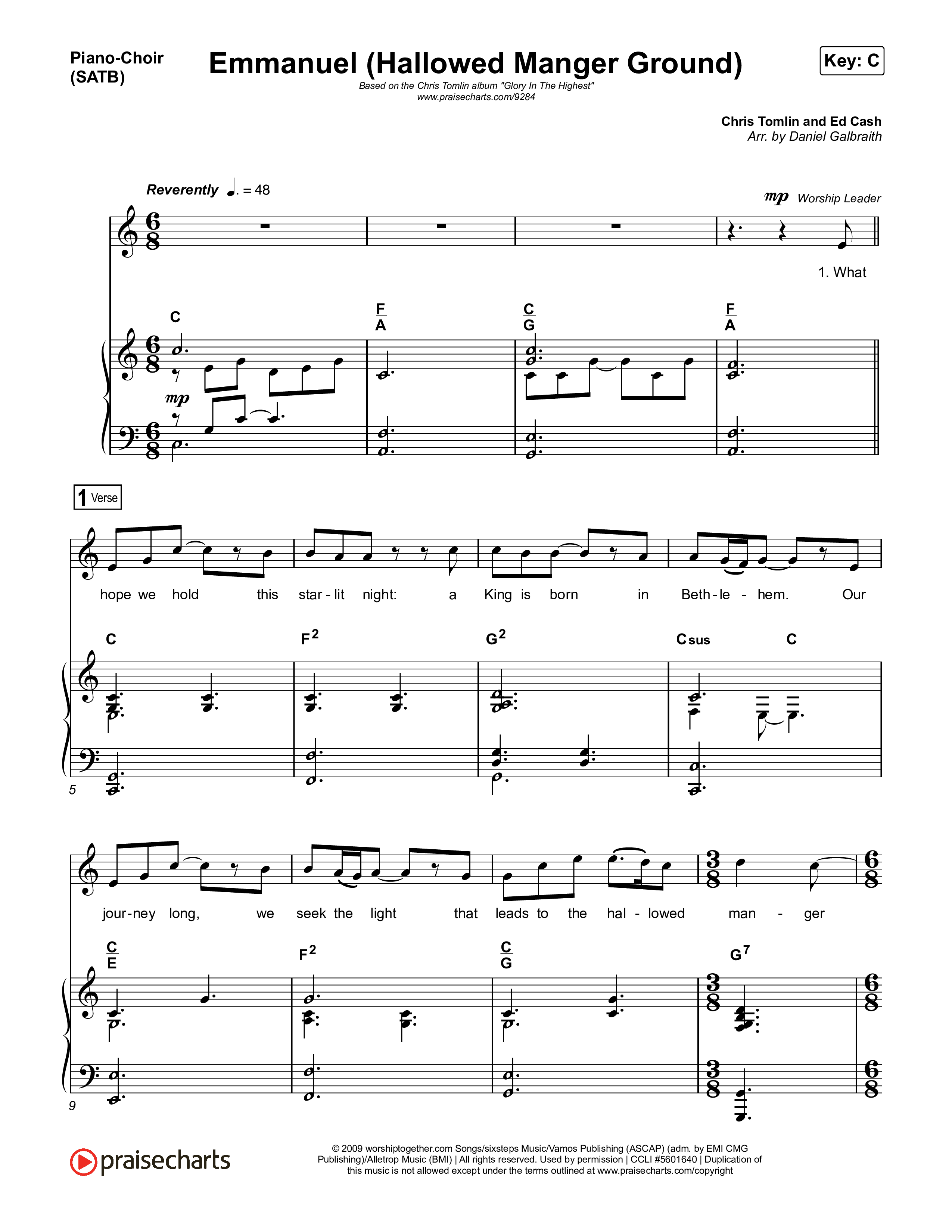 Emmanuel (Hallowed Manger Ground) Piano/Vocal (SATB) (Chris Tomlin)