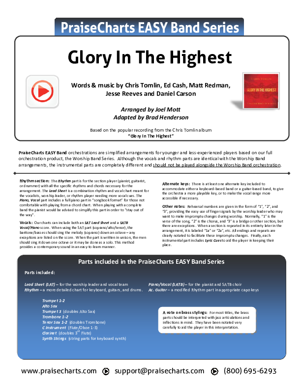 Glory In The Highest Cover Sheet (Chris Tomlin)