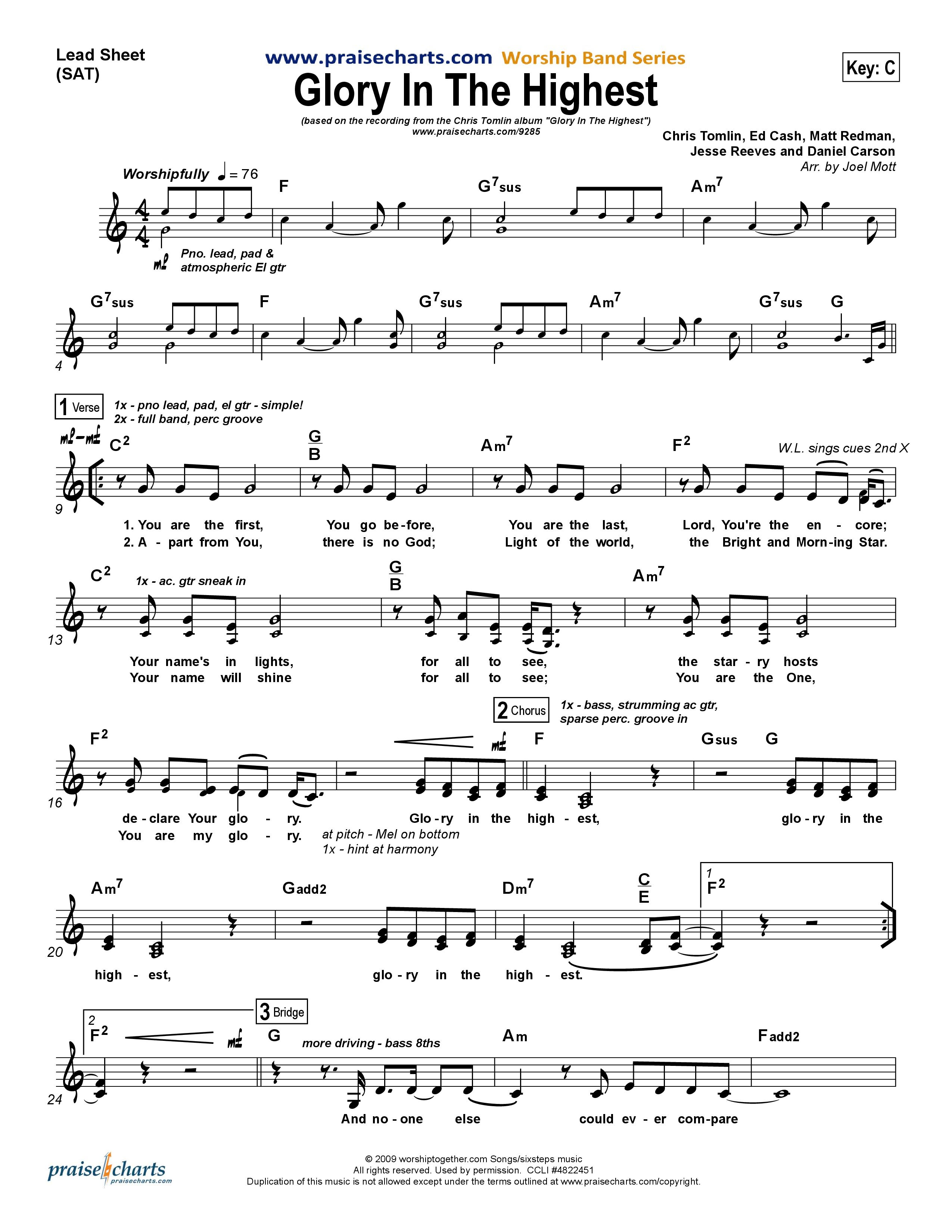 Glory In The Highest Lead Sheet (SAT) (Chris Tomlin)