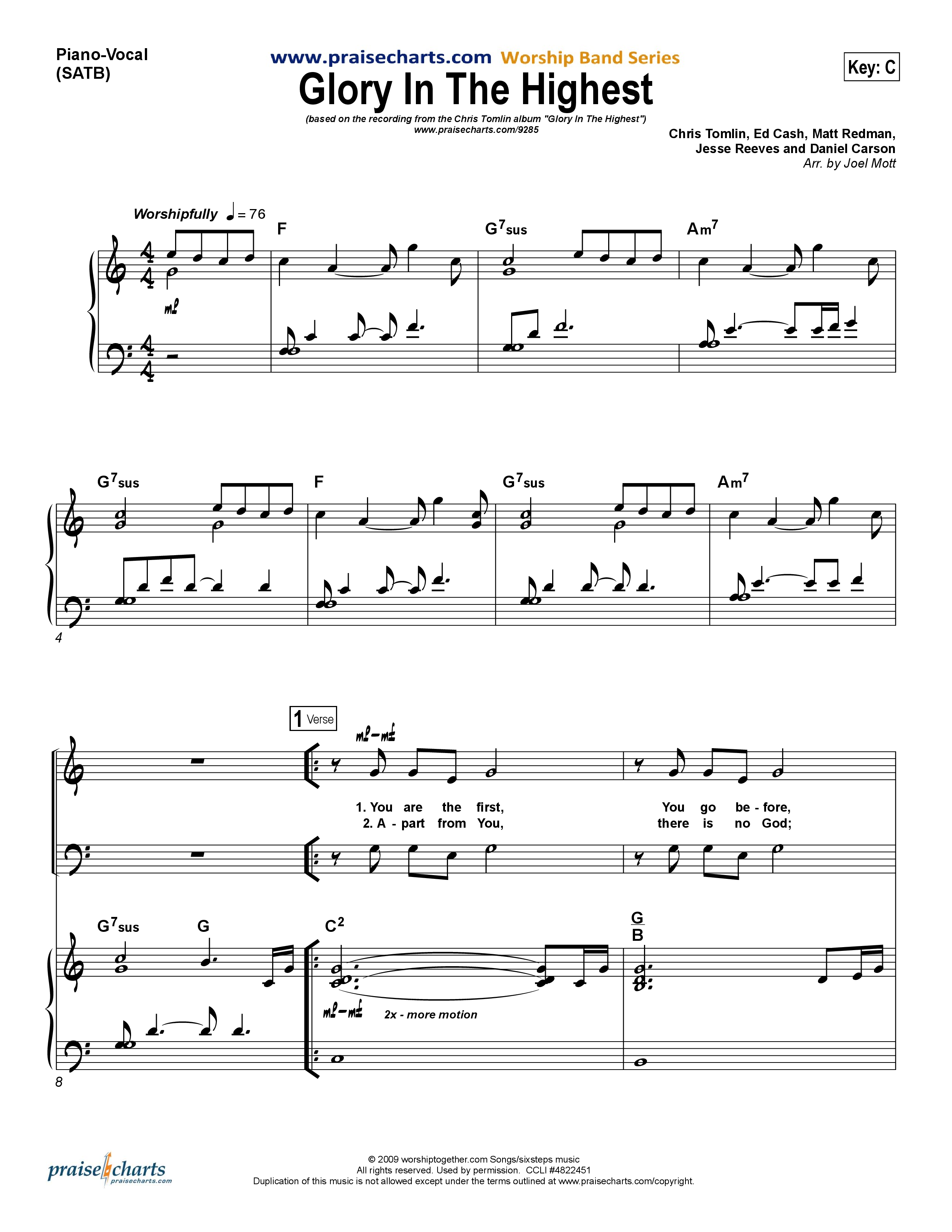 Glory In The Highest Piano/Vocal (SATB) (Chris Tomlin)
