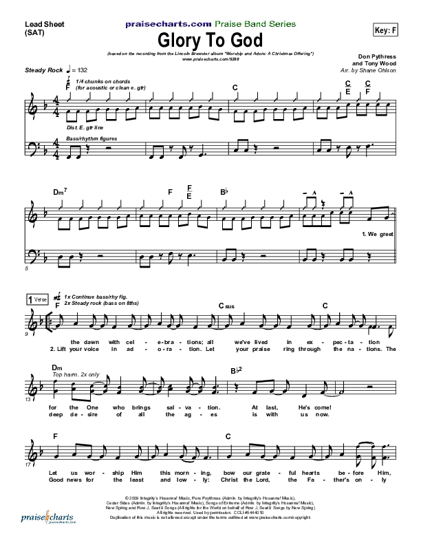 Glory To God Lead Sheet (SAT) (Lincoln Brewster)