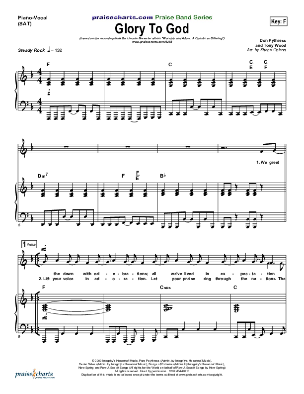 Glory To God Piano/Vocal (SAT) (Lincoln Brewster)