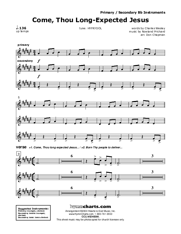Come Thou Long-Expected Jesus Bb Instruments (Don Chapman)