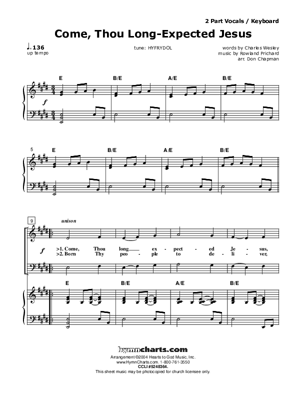 Come Thou Long-Expected Jesus Piano/Vocal (Don Chapman)