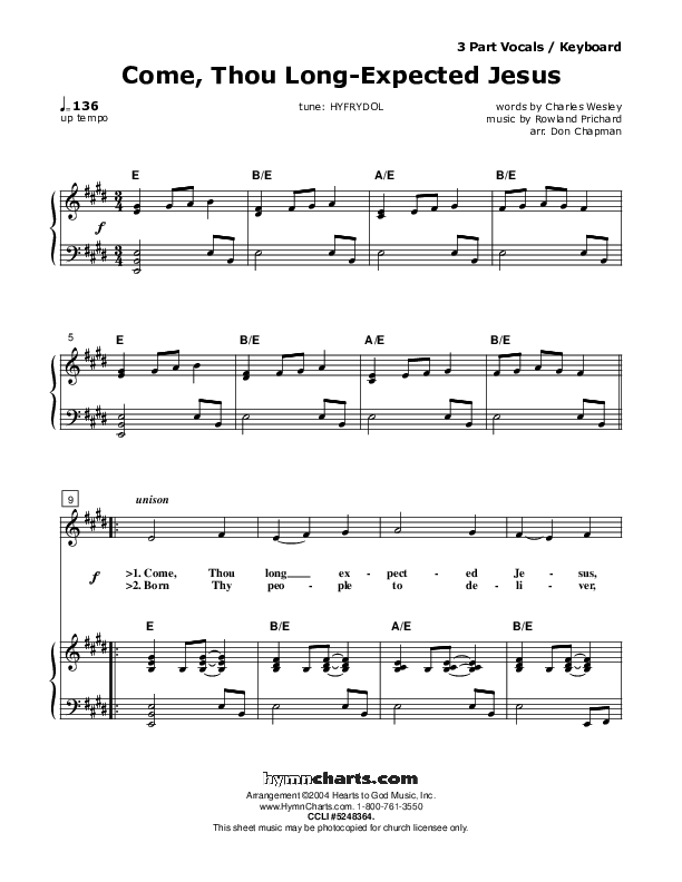 Come Thou Long-Expected Jesus Piano/Vocal (SAT) (Don Chapman)