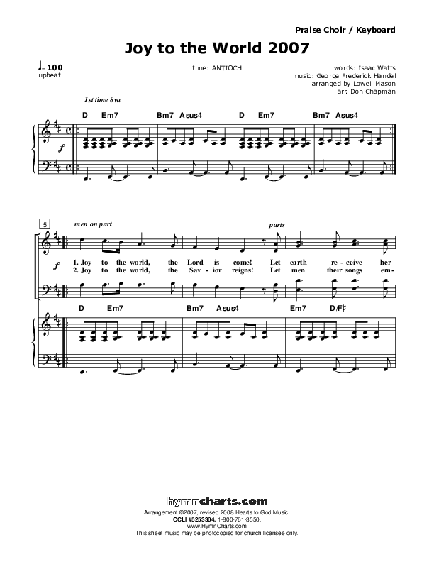 Joy To The World Piano/Vocal (SATB) (Don Chapman)