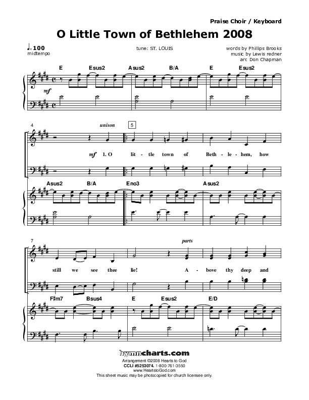 O Little Town Of Bethlehem Choir Sheet (Don Chapman)