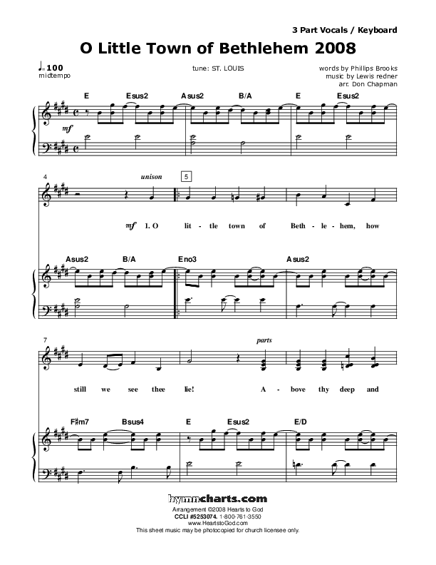 O Little Town Of Bethlehem Piano/Vocal (SAT) (Don Chapman)