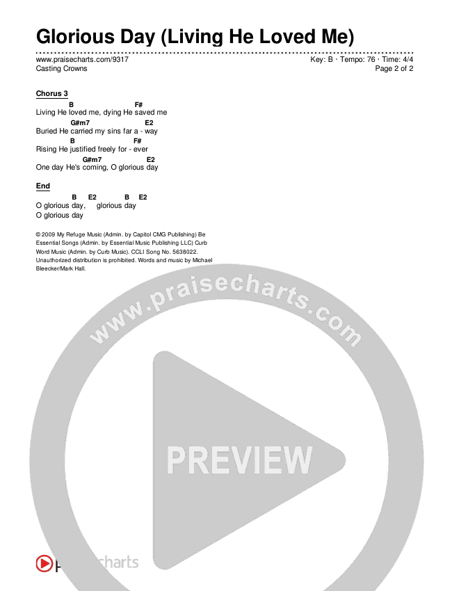 Glorious Day (Living He Loved Me) Chords & Lyrics (Casting Crowns)