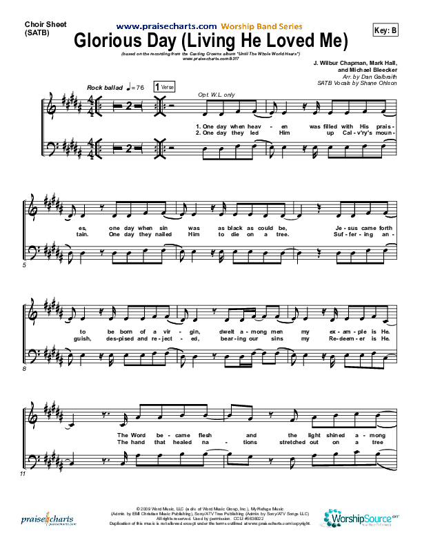 Glorious Day (Living He Loved Me) Choir Sheet (SATB) (Casting Crowns)