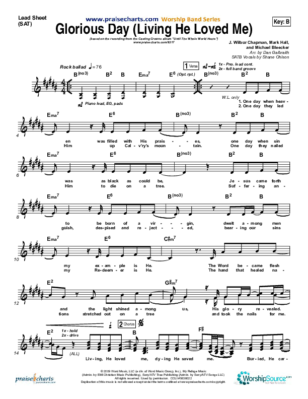 Glorious Day (Living He Loved Me) Lead Sheet (SAT) (Casting Crowns)