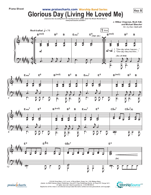 Glorious Day (Living He Loved Me) Piano Sheet (Casting Crowns)