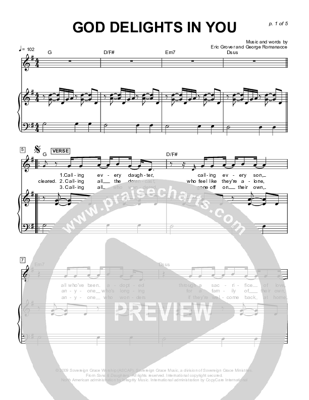 God Delights In You Piano/Vocal (Sovereign Grace)