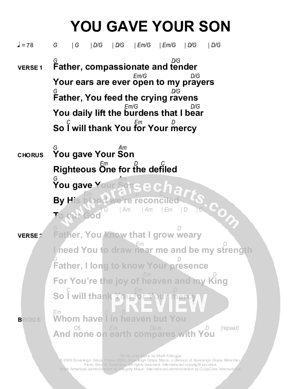 You Gave Your Son Chords & Lyrics (Sovereign Grace)