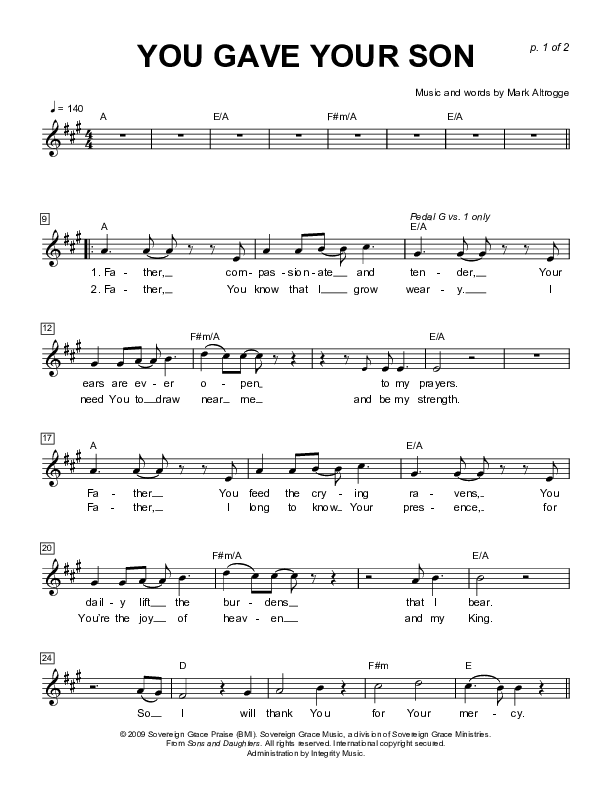 You Gave Your Son Lead Sheet (Sovereign Grace)