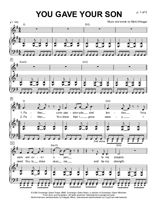 You Gave Your Son Piano/Vocal (Sovereign Grace)