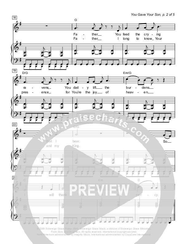 You Gave Your Son Piano/Vocal (Sovereign Grace)