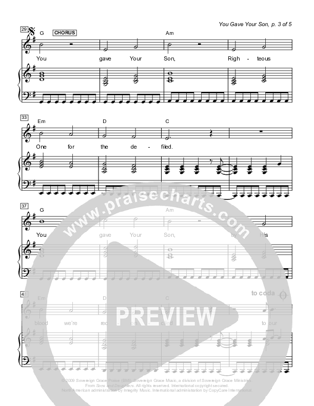 You Gave Your Son Piano/Vocal (Sovereign Grace)