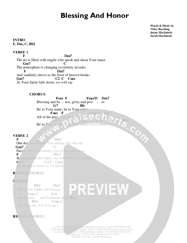 Blessing And Honor Chord Chart (Vicky Beeching)