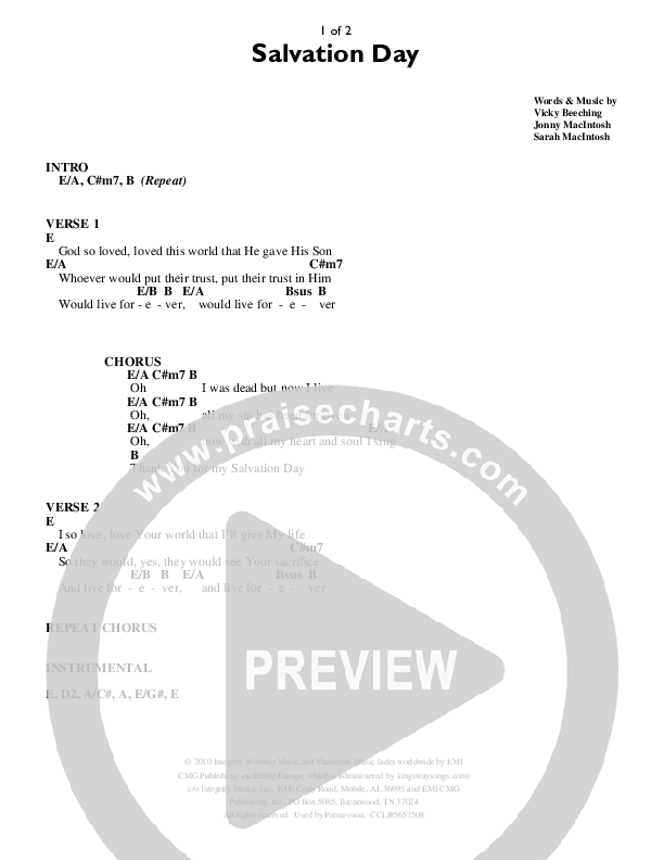 Salvation Day Chord Chart (Vicky Beeching)