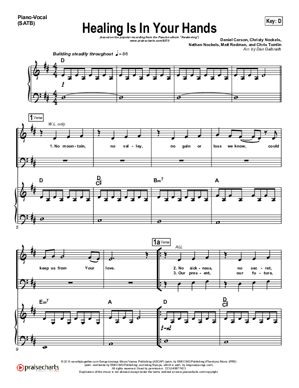 Healing Is In Your Hands Piano/Vocal (SATB) (Christy Nockels / Passion)