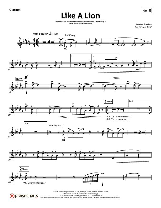Like A Lion Clarinet (David Crowder / Passion)