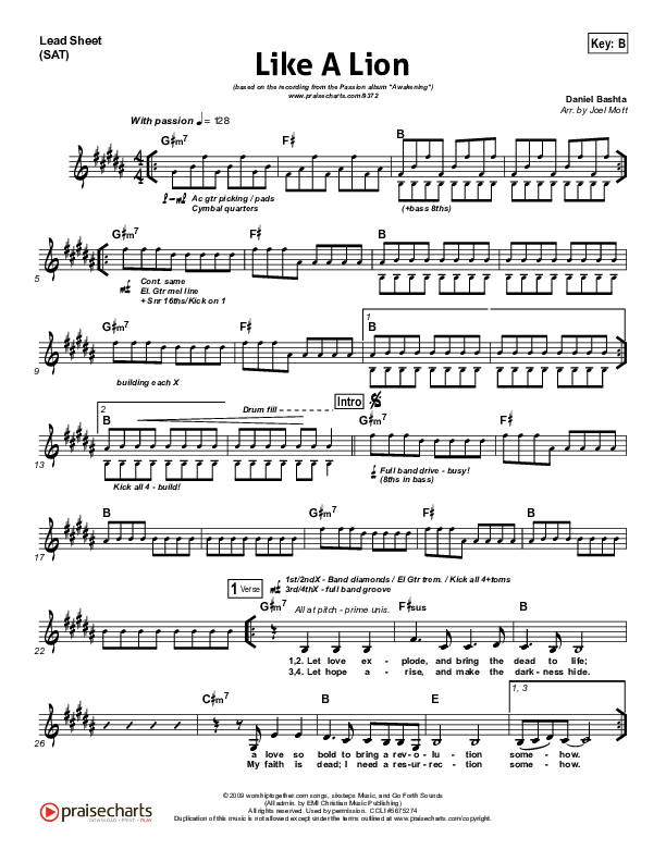 Like A Lion Lead Sheet (SAT) (David Crowder / Passion)